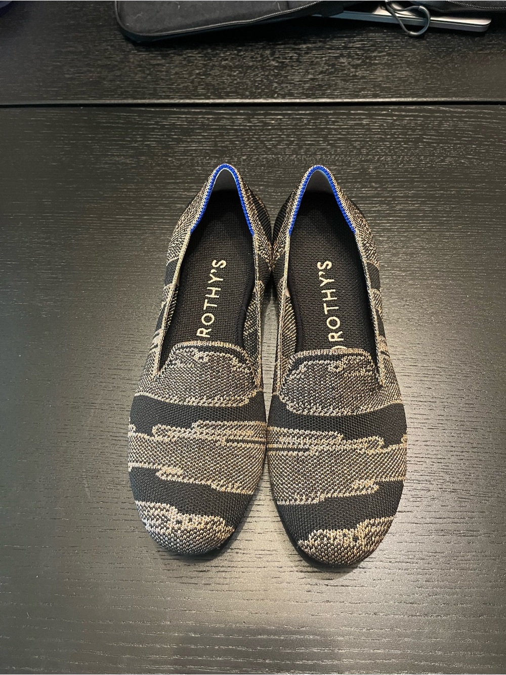 Rothy's Black and Tan Knit Slip-On Loafers